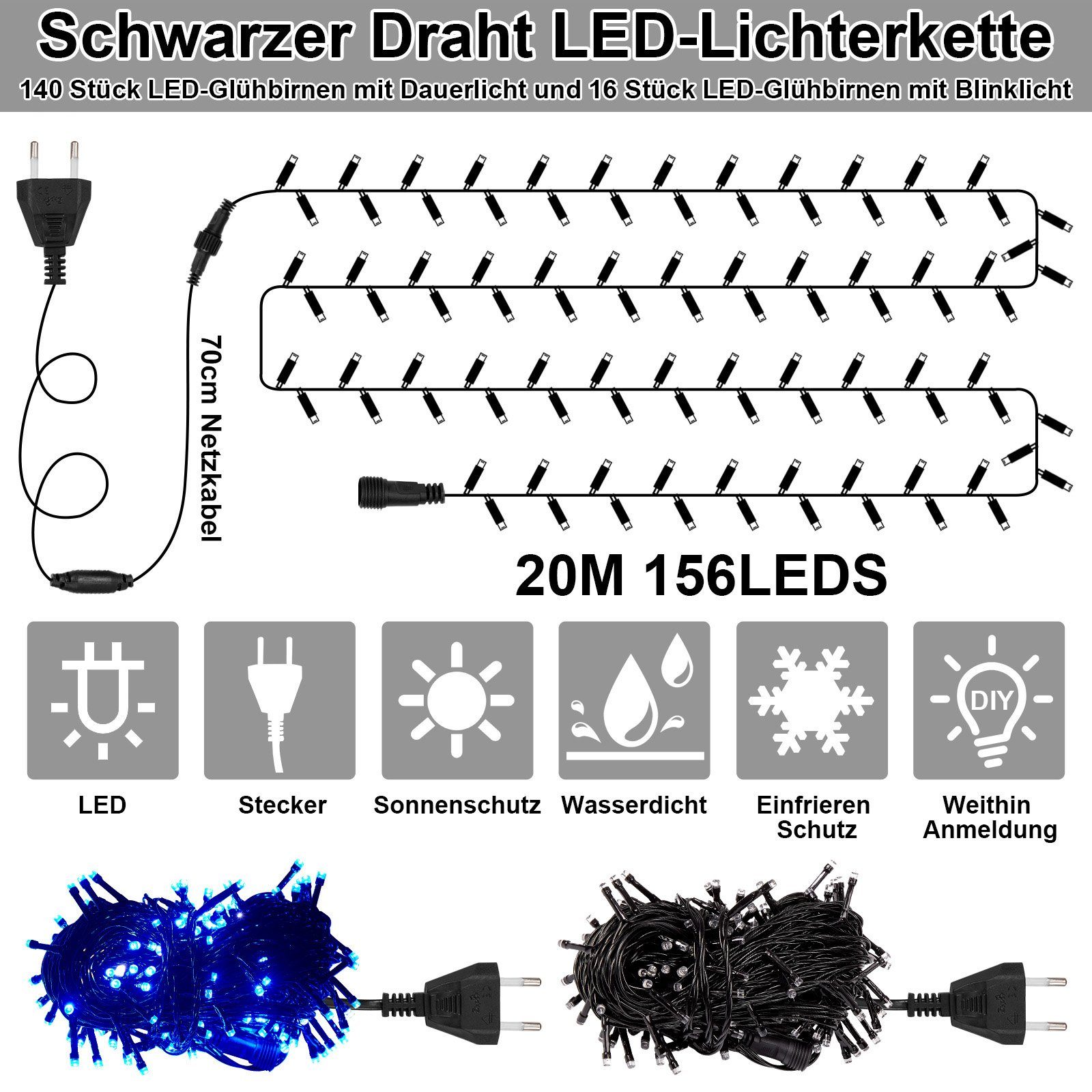 Rosnek LED-Baummantel 20m LED Lichterkette 156-flammig Weihnachten Blau Außen Garten Baum, Innen Party for