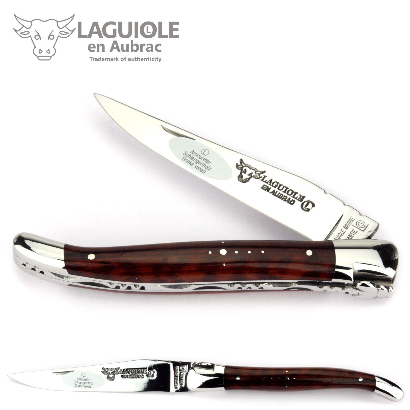 Laguiole en Aubrac Taschenmesser L0212AMIF, Griff 12cm Schlangenholz - Feder verziert - Stahl glänzend