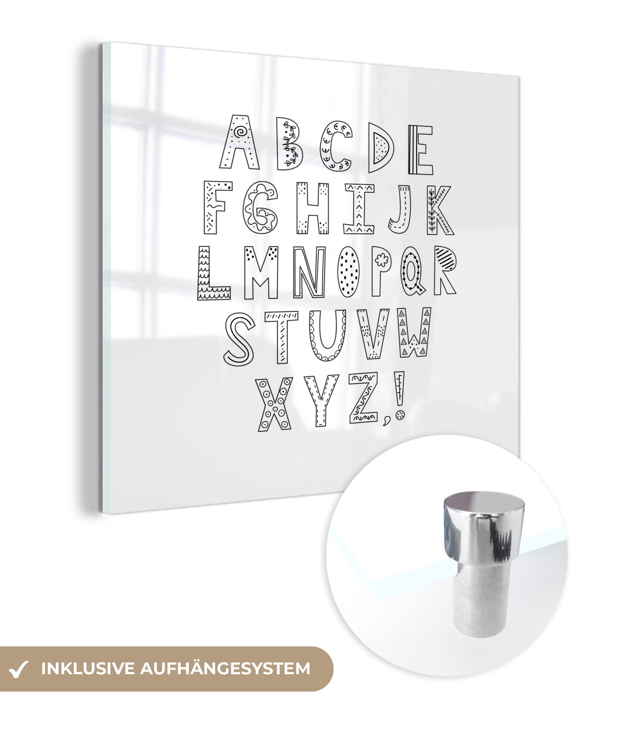 MuchoWow Acrylglasbild Illustration Alphabet mit verzierten Buchstaben schwarz und weiß, (1 St), Glasbilder - Bilder auf Glas Wandbild - Foto auf Glas - Wanddekoration