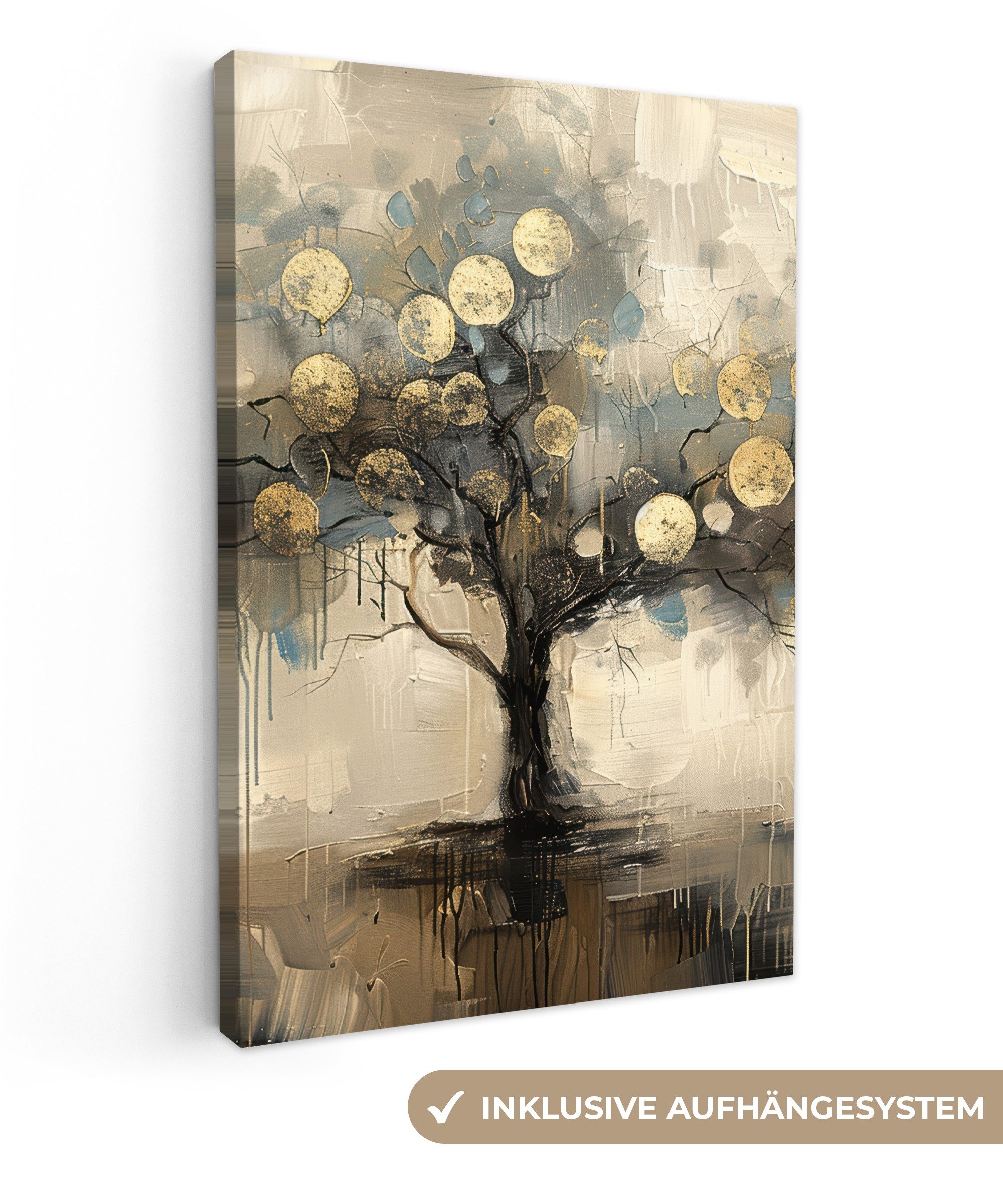 Leinwandbild Beige - Abstrakt - Baum - Gold