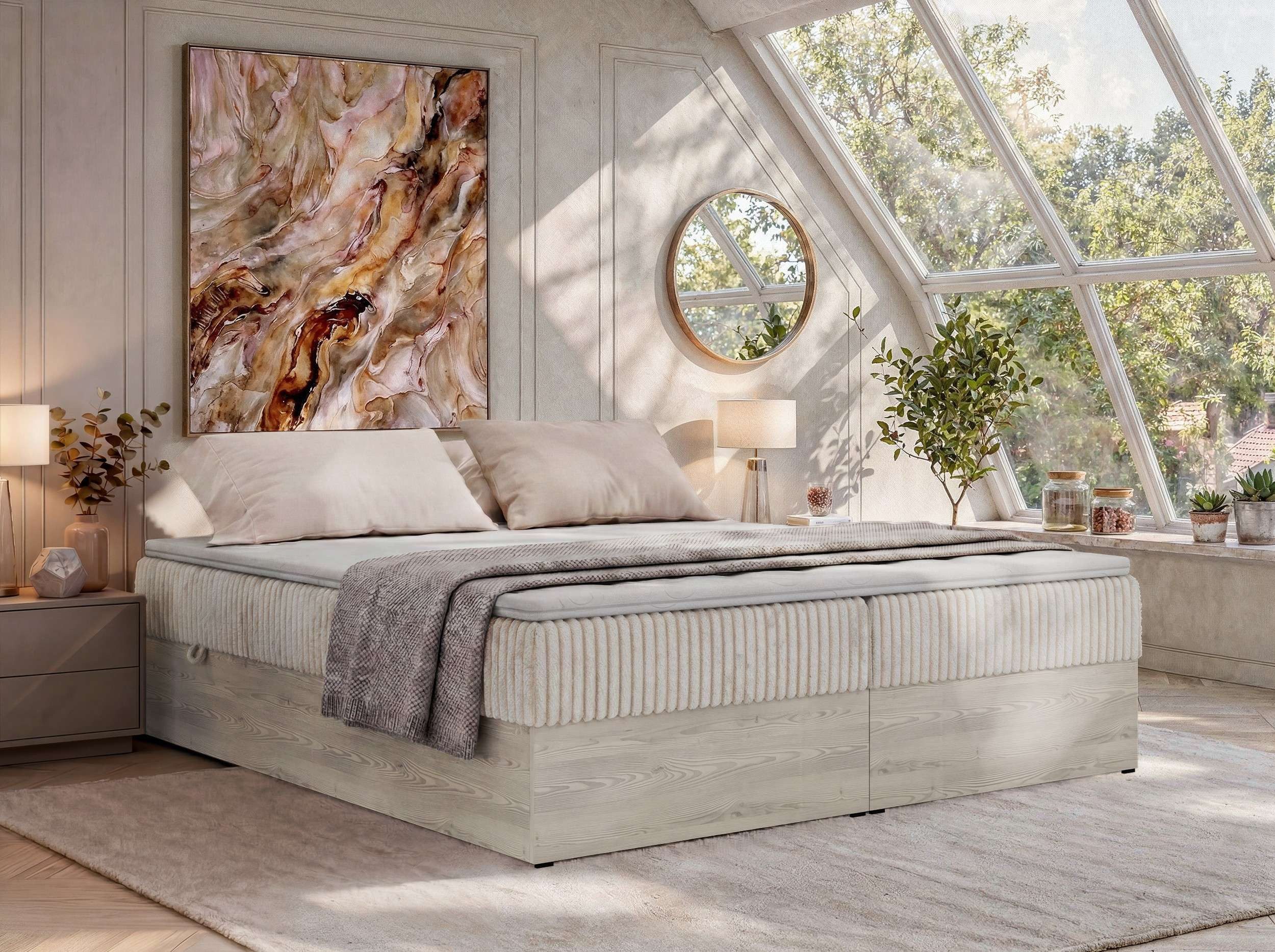 MKS MÖBEL Boxspringbett NORDIC ZERO (Set, Bett, Polsterbett mit integrierten Matratzen, 2 Bettkästen, H3/H4), Topper T25 oder Visco optional, ohne Kopfteil
