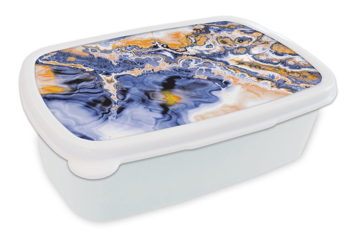 MuchoWow Lunchbox Marmor - Orange - Blau, Kunststoff, (2-tlg), Brotbox für Kinder und Erwachsene, Brotdose, für Jungs und Mädchen weiß