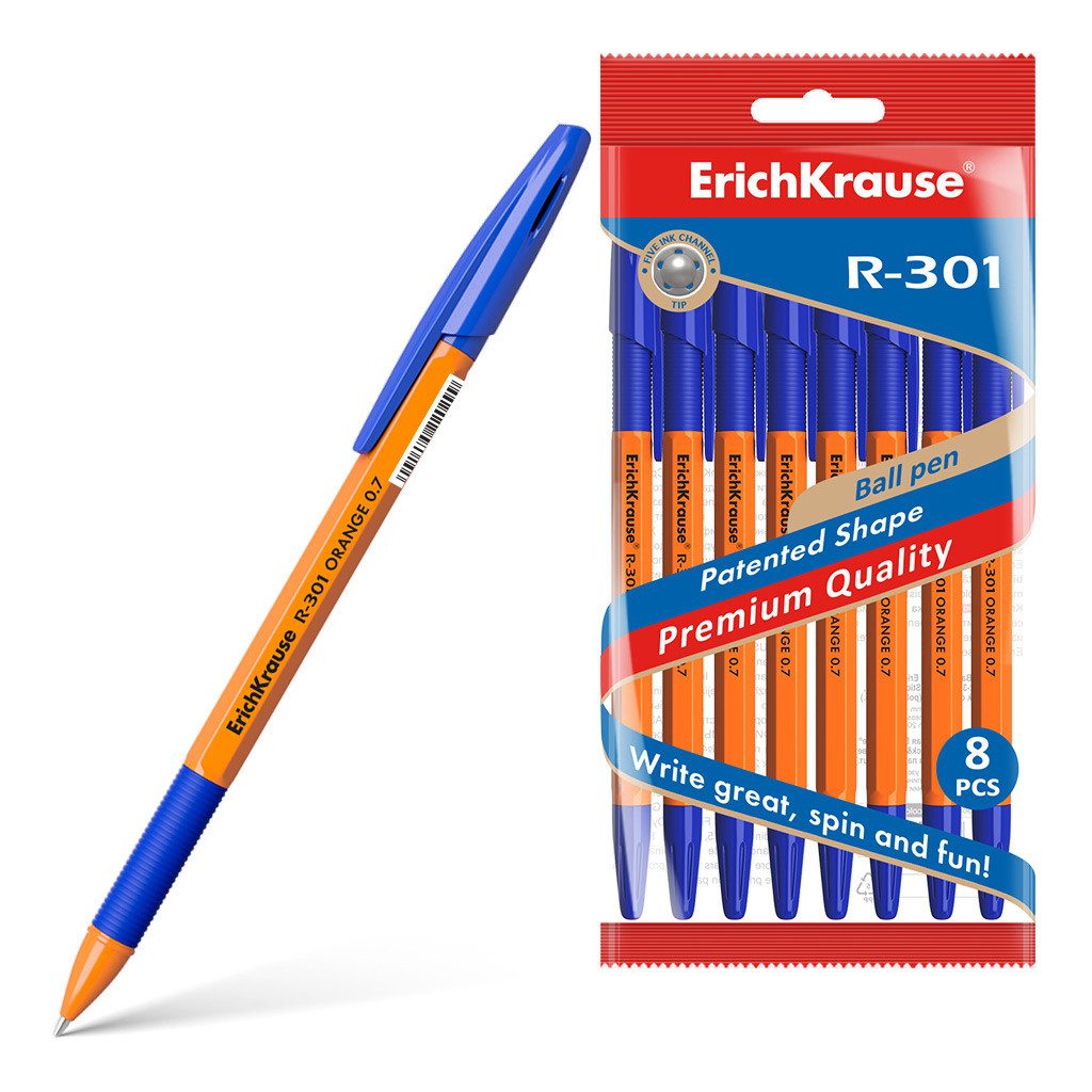 Erich Krause Kugelschreiber, Kugelschreiber R-301 Orange 0,35mm mit Gummigriff 8 Stück Blau