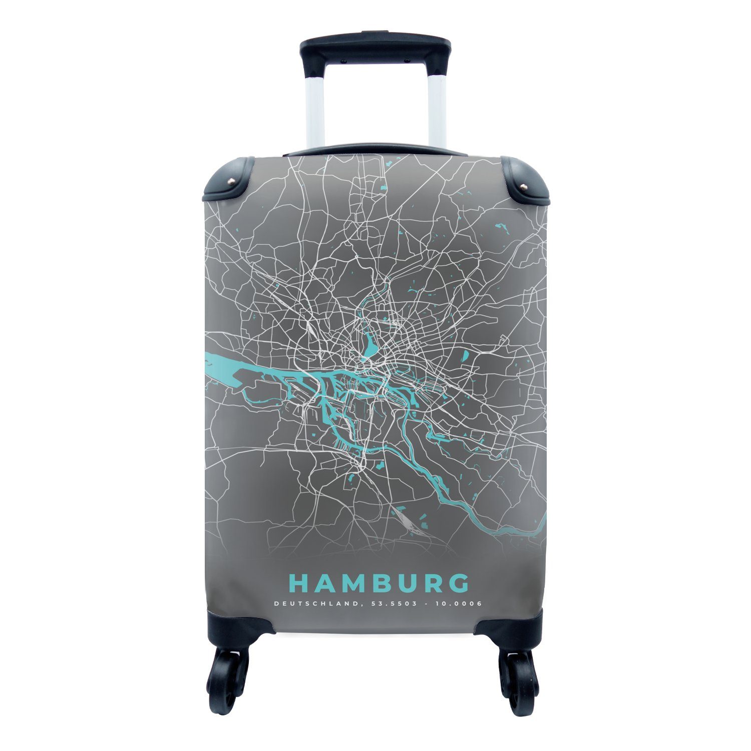 mit - Trolley, Handgepäck Handgepäckkoffer Karte Blau, für - - Stadtplan rollen, Ferien, Rollen, Reisetasche Hamburg Deutschland MuchoWow 4 Reisekoffer -