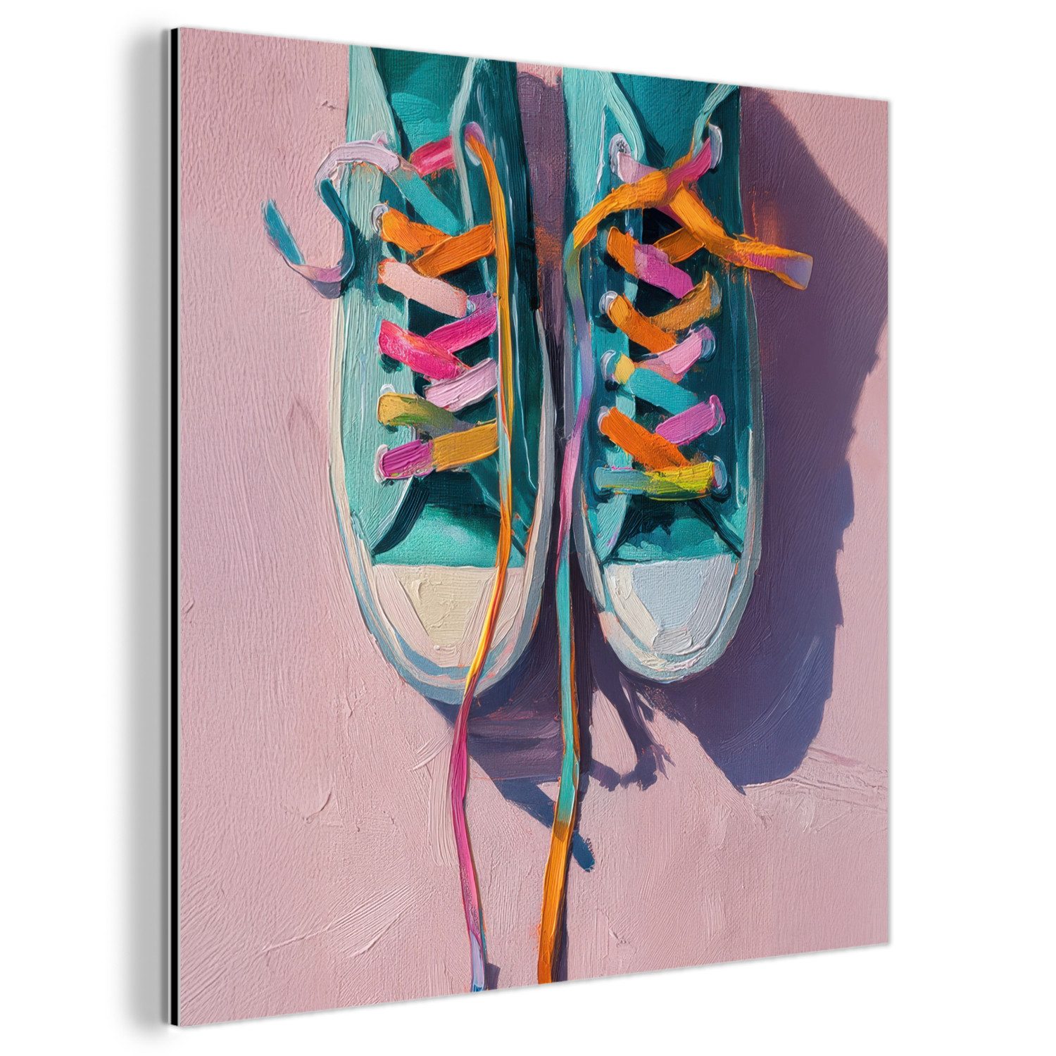 MuchoWow Metallbild Turnschuhe - Schnürsenkel - Bunt - Farbton, Inkl. Aufhängung, Wohnzimmer Dekoration aus Alu, Industrial, Metallbilder, 90x90 cm