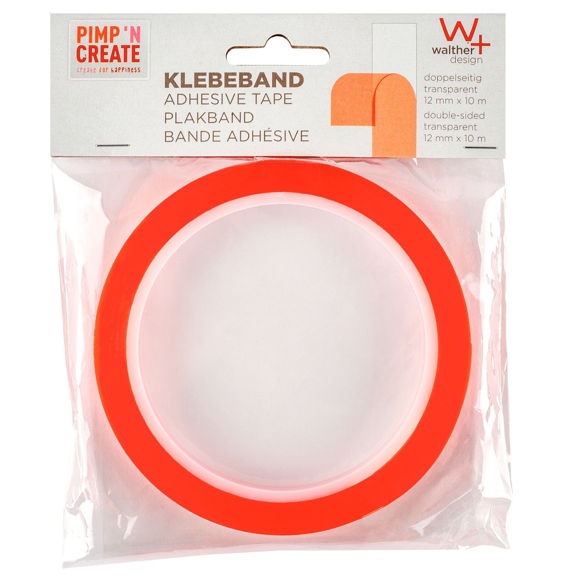 Walther Design Doppelklebeband Doppelseitiges Klebeband, 12 mm x 10 m, Rolle, transparent Rolle mit 10 m, Breite 12 mm, permanent selbstklebend