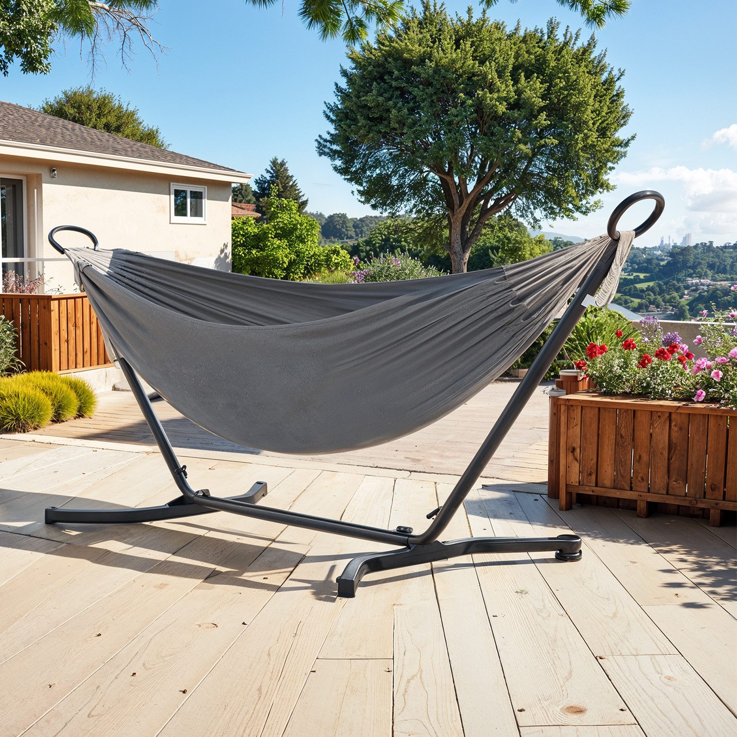 SONGMICS Hängematte höhenverstellbar, stabiler Metallrahmen, atmungsaktives Gewebe (für Garten & Camping), 210x150 cm, bis 240 kg belastbar, mit Gestell, schneller Aufbau