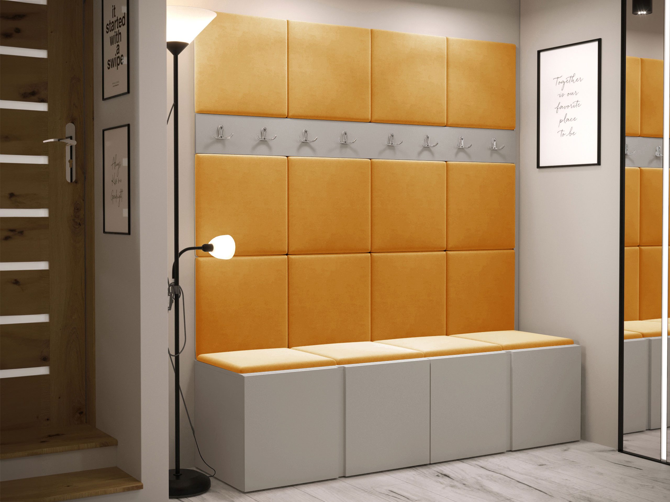 MIRJAN24 Garderoben-Set Orion V, (Komplett-Set, 2x Schuhschrank, 2x Kleiderhakenbrett, Gepolstertes Paneel 16x 42x42), Auswahl aus Fronten und Polsterplatten