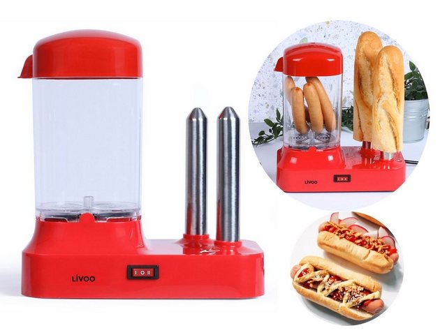 LIVOO Dampfgarer LIVOO Hot-Dog-Maschine Hot Dogs selber machen 6 Würstchen 340 Watt rot DOC238