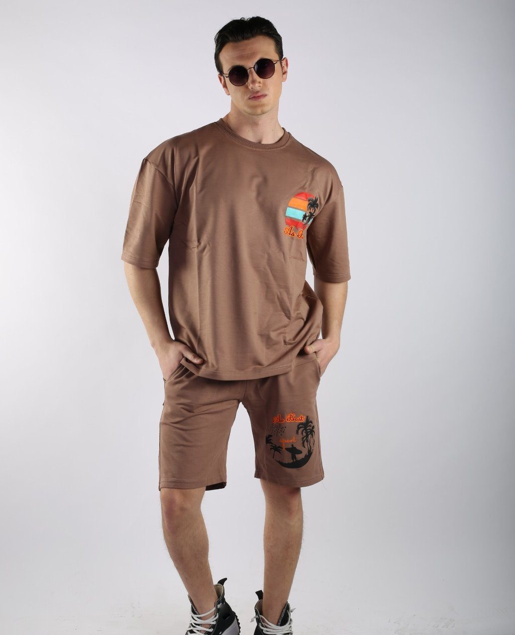 ALGINOO Braun Shorts T-Shirt (Set, T-Shirt T-Shirt + & Shorts Short) &