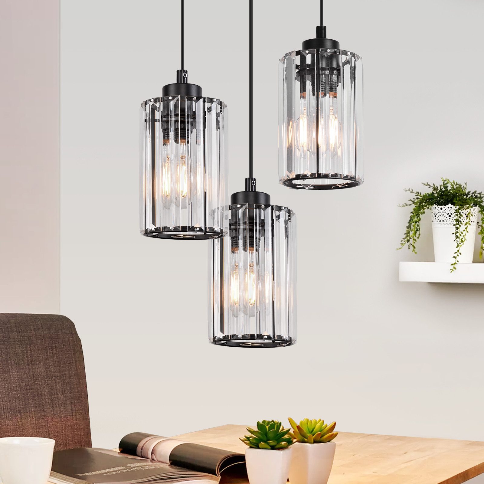 Nettlife Pendelleuchte Kristall Modern Wohnzimmer 3 Flammig E27 Schwarz Esstisch Hängeleuchte, Höhenverstellbar, LED wechselbar, Pendellampe für Küche Esszimmer Schlafzimmer