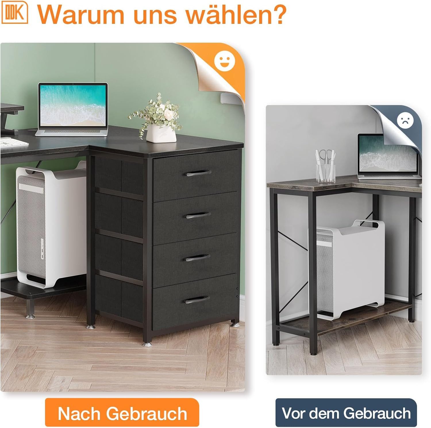 ODK Eckschreibtisch L-Form mit 4 Schubladen, 2 USB Ladeanschlüssen & 2 Steckdosen