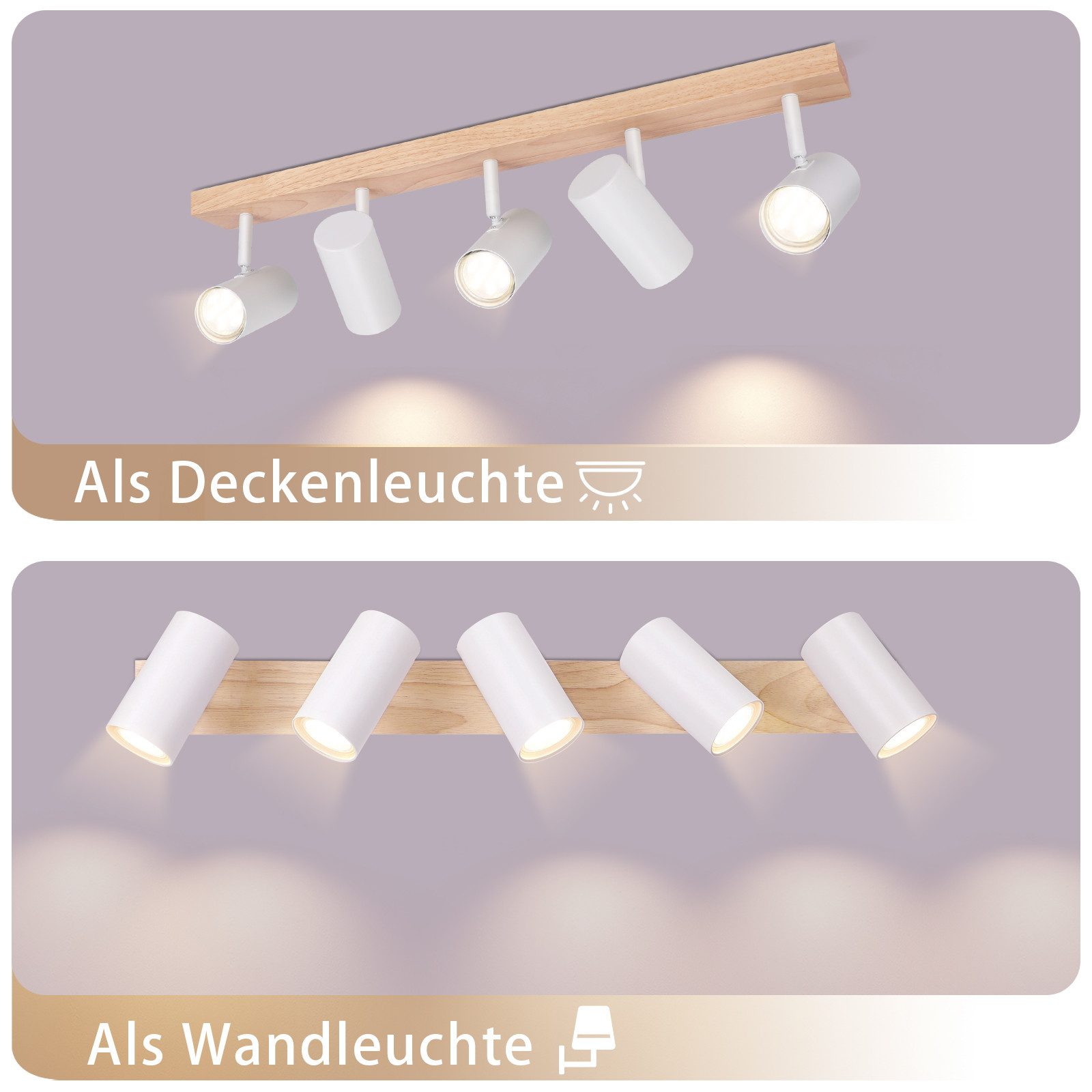 ZMH Deckenstrahler 5 Flammig Holz Schwarz/Weiß GU10 Deckenleuchte für Schlafzimmer Flur, ohne Leuchtmittel, Schwenkbar 350° Moderne Wohnzimmerlampe Kindzimmer K – Bild 5 von 5