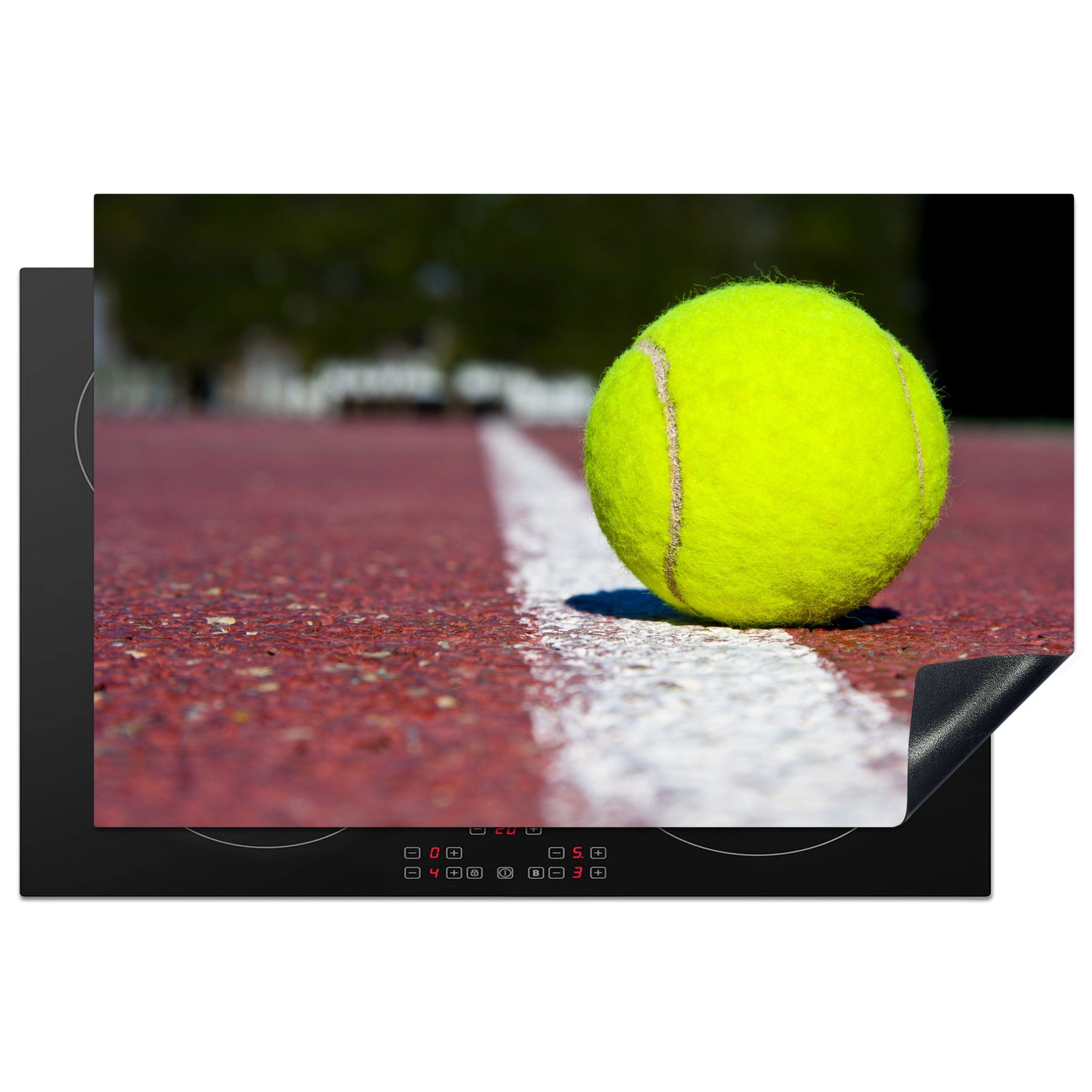 MuchoWow Herdblende-/Abdeckplatte Tennisball auf dem Tennisplatz, Vinyl, (1 tlg), 81x52 cm, Induktionskochfeld Schutz für die küche, Ceranfeldabdeckung