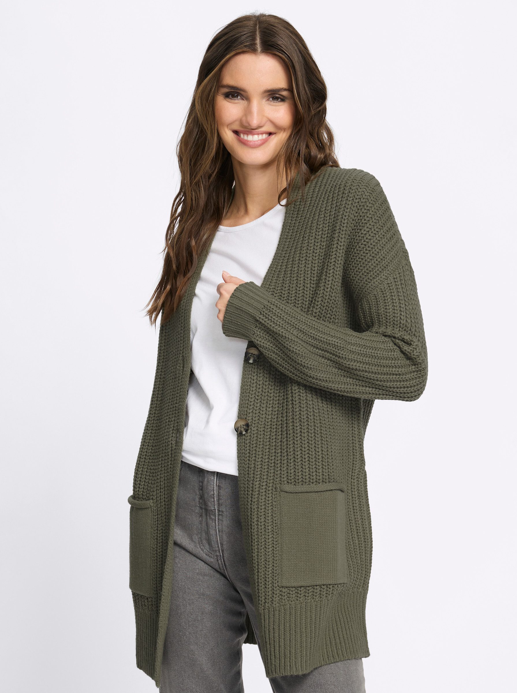 Sieh an! Strickjacke Long-Strickjacke Langarm Rippoptik