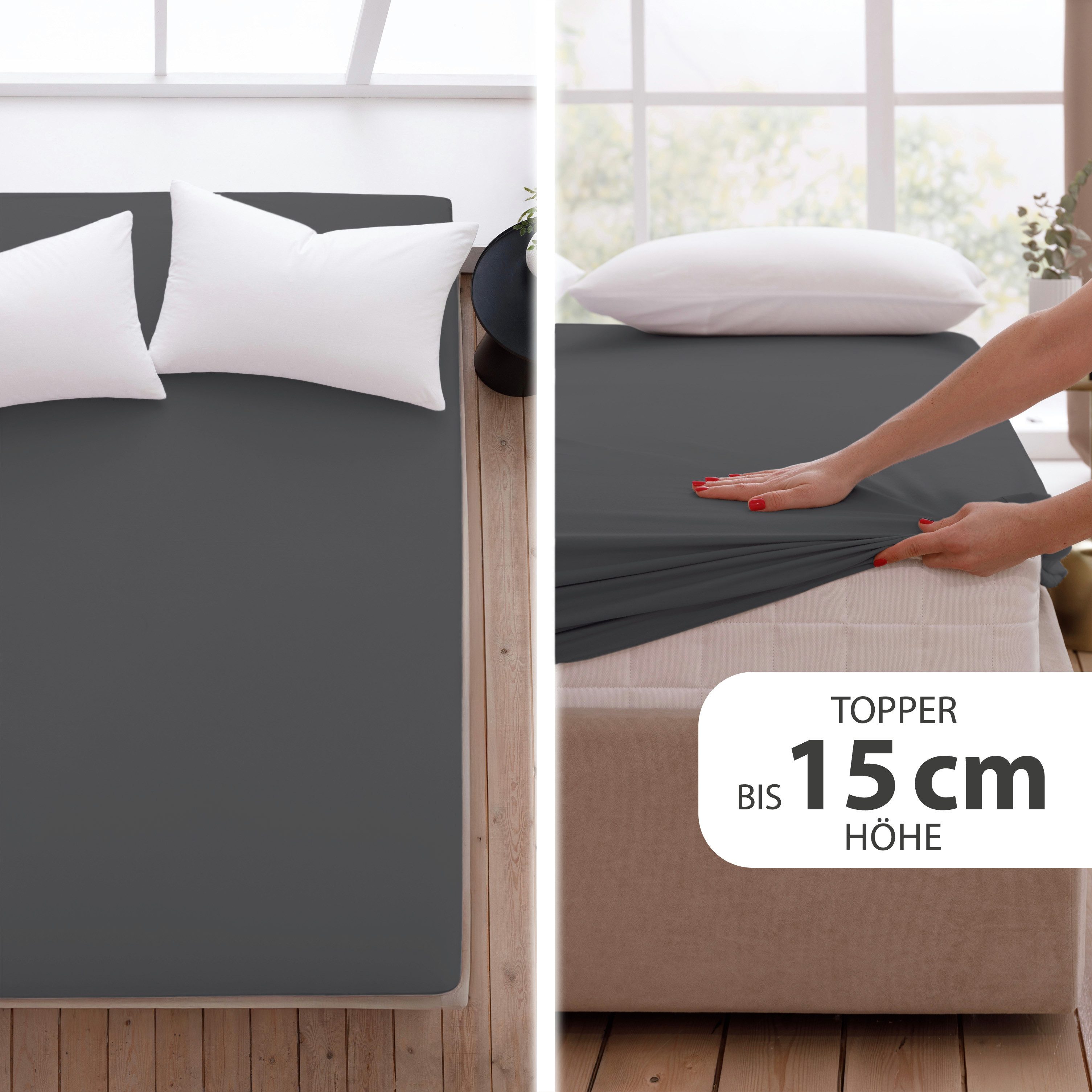 Hausfelder Spannbettlaken Topper Bettlaken 90/100x200 cm, bis 15 cm Matratzenhöhe, Anthrazit, Jersey-Baumwolle, Gummizug: rundum, (1 Stück), verschiedene Farben – Bild 5 von 5