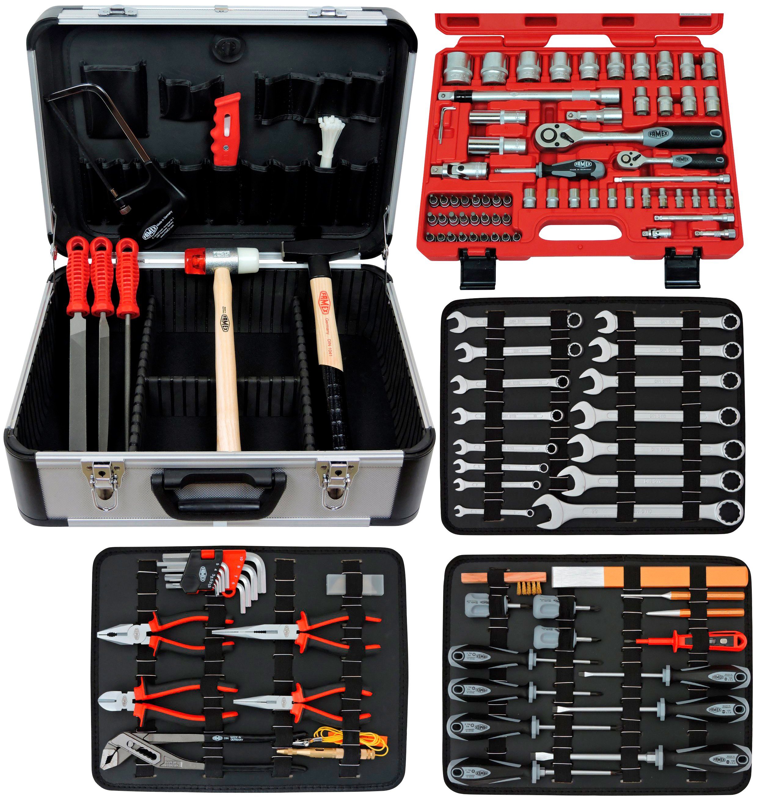 FAMEX Werkzeugset 720-24, 128-tlg., im Werkzeugpaletten Mit und 3 Kofferdeckel Universalpalette herausnehmbaren Werkzeugkoffer, im