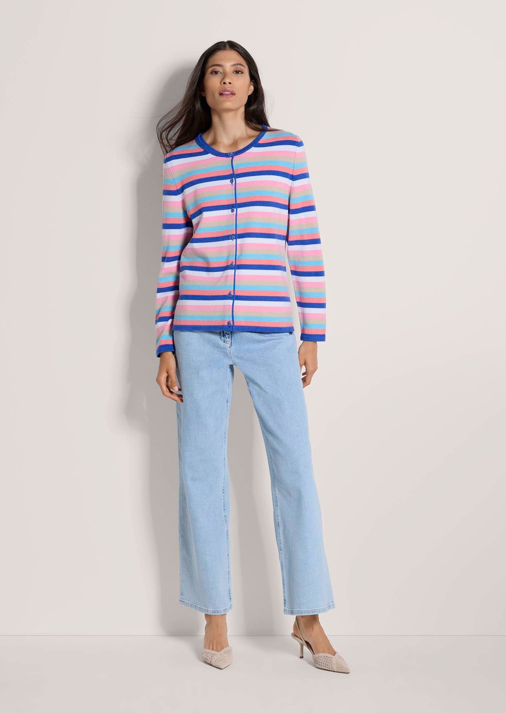 MADELEINE Strickjacke Streifenjacke aus Modal, Feinstrick, Rundhals Leichte Langarm Jacke mit buntem Muster, Knopfleiste