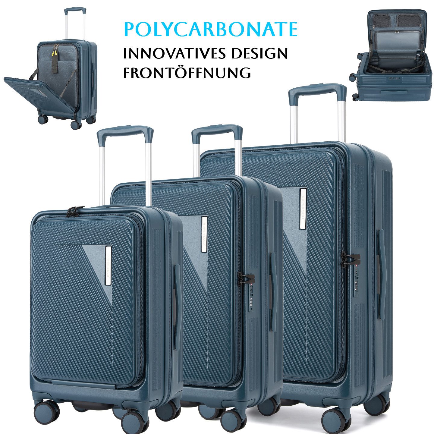 Super Solu Hartschalen-Trolley Erweiterbarer Reisekoffer mit Frontöffnung, Hartschalenkoffer 100% PC, 4 Rollen, Koffer Set 3-tlg. 20+24+28 Zoll, Stoßfest, TSA, Blau