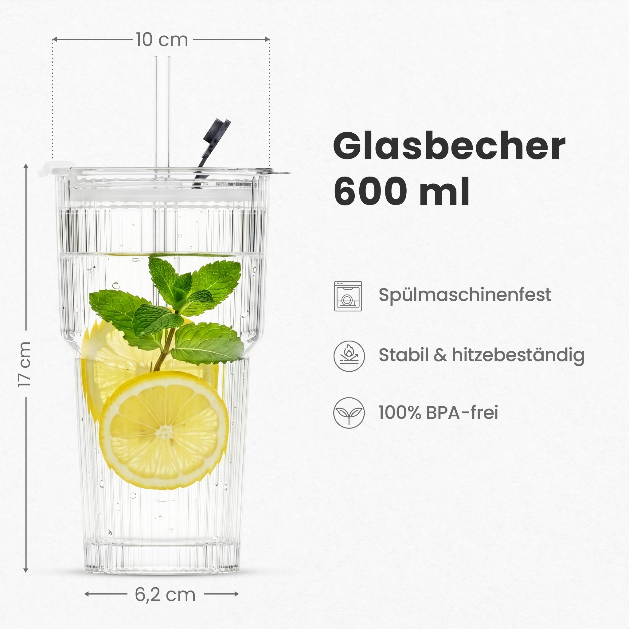 Lemontree Gläser-Set Glasbecher mit Deckel und Strohhalm 2er Set – 600ml Trinkgläser, 2-tlg., Geriffelte Trinkgläser mit Deckel – auslaufsicherer Smoothie Becher