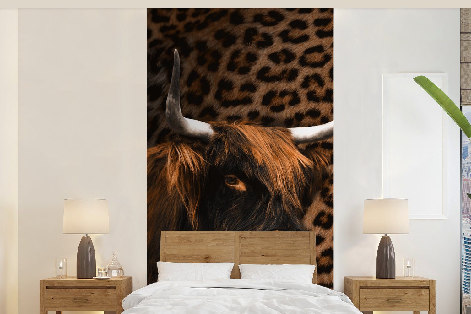 bedruckt, - St), Wohnzimmer Vliestapete MuchoWow Pelz Fototapete Küche, (2 Schlafzimmer Matt, Highlander Pantherdruck, für Schottischer Fototapete -