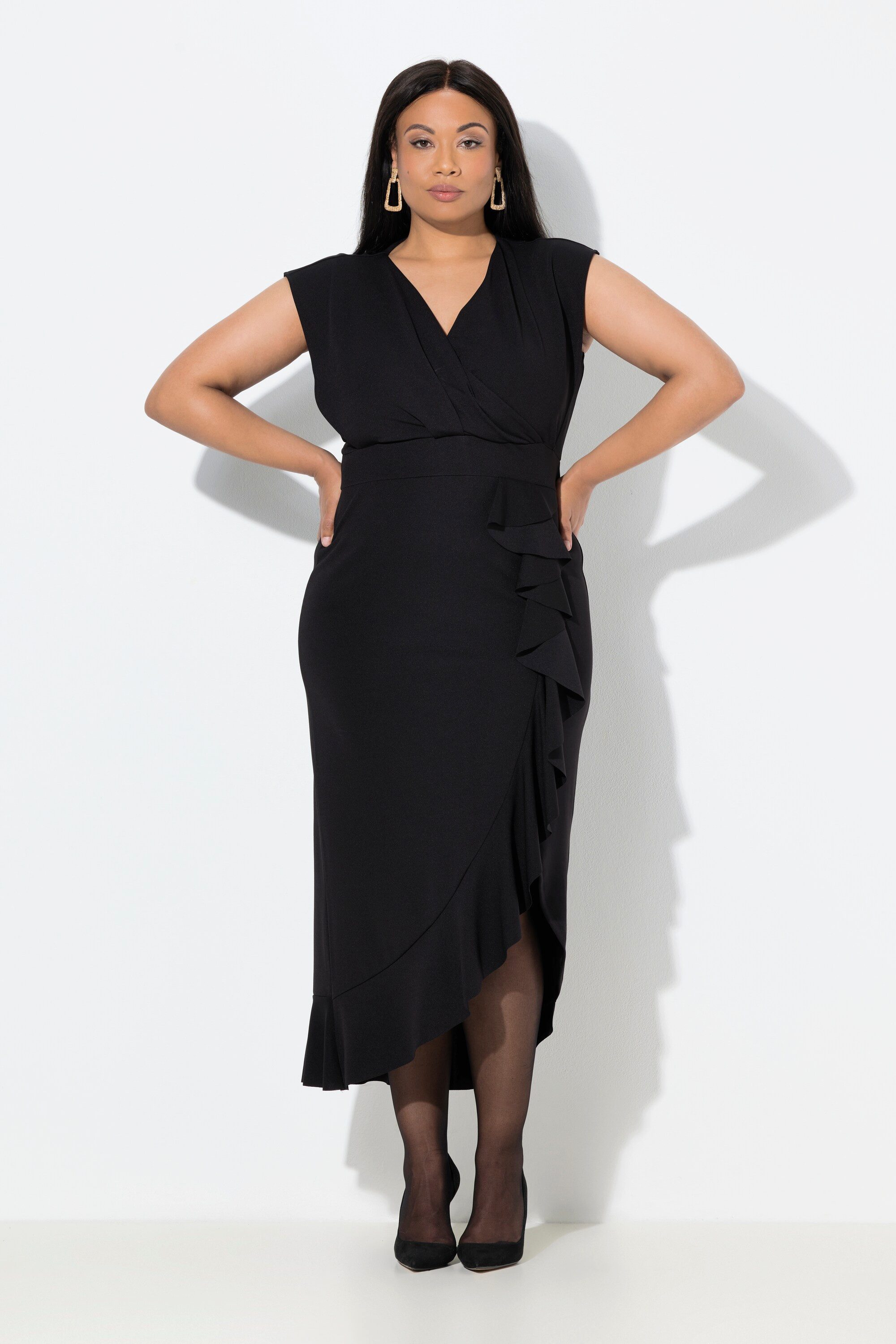 Ulla Popken Maxikleid Jersey-Maxikleid Rüsche V-Ausschnitt ärmellos günstig online kaufen