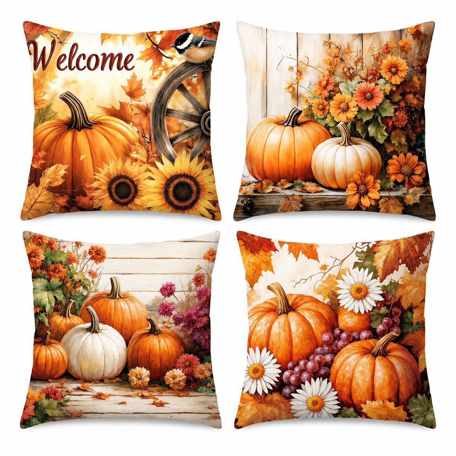 Sorvyzxn Kissenbezug 4er Set Kissenbezug Herbst 45x45 Kissenhülle Kürbis Deko