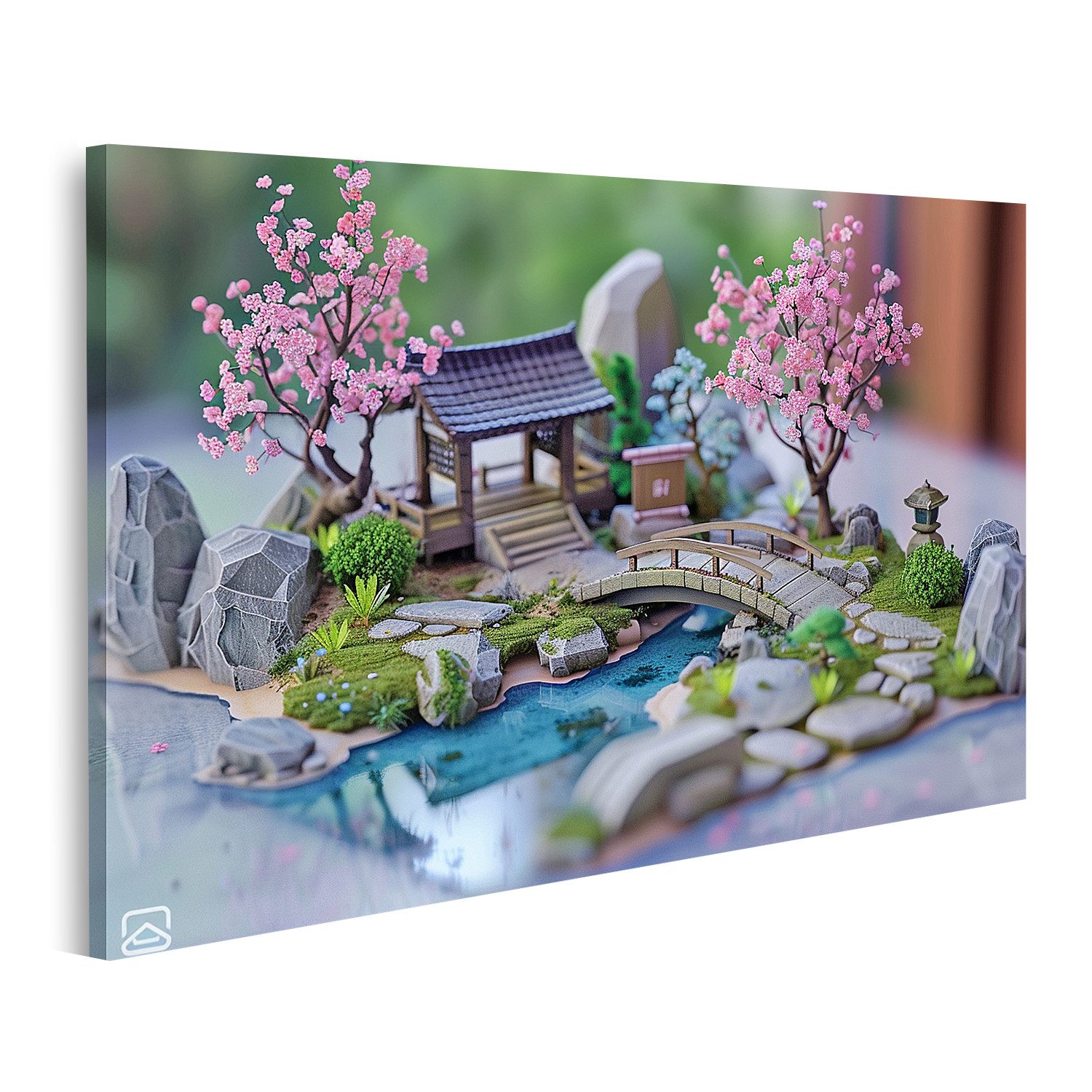 islandburner Leinwandbild Miniatur-Japanischer Zen-Garten mit Kirschblütenbaum, kleiner Brücke