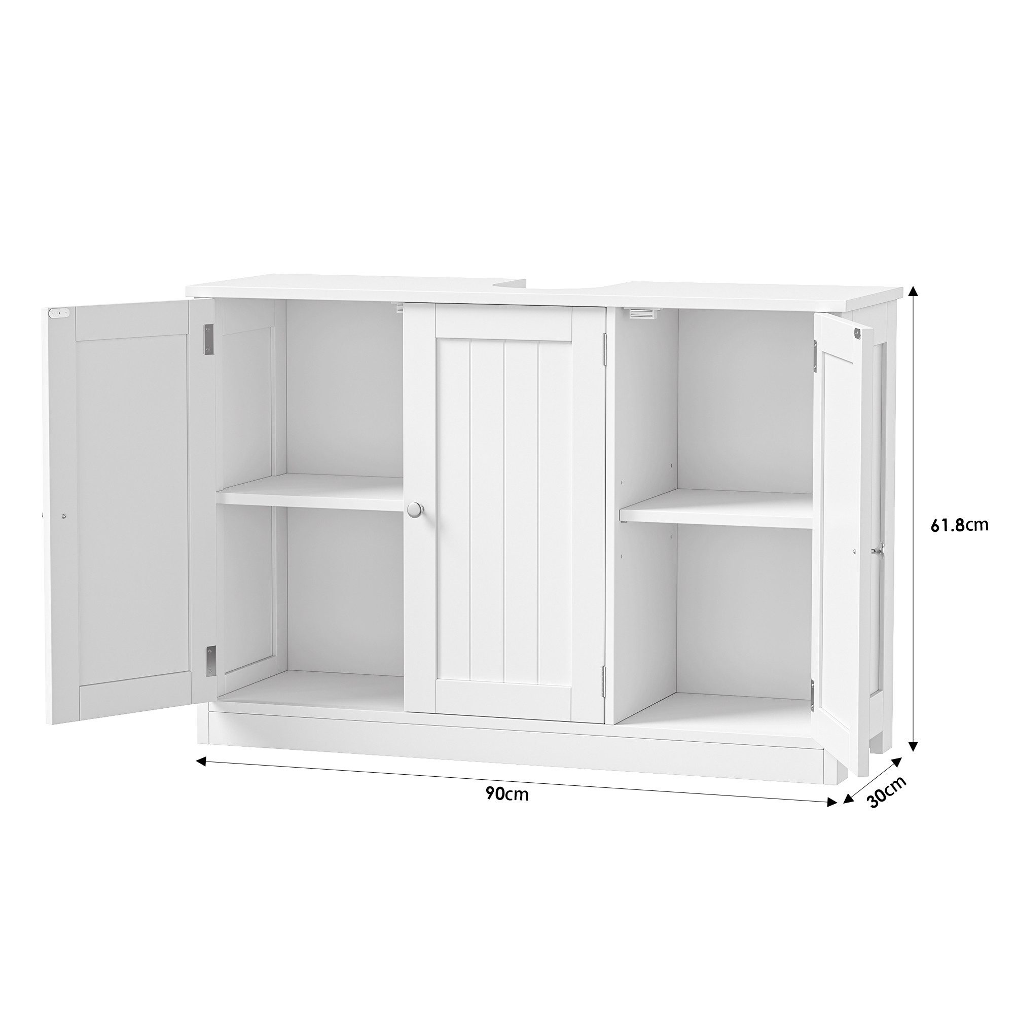 Homfa Waschbeckenunterschrank Unterschrank Badezimmerschrank mit 3 Türen, Breite 90 cm, 2 verstellbaren Ablagen