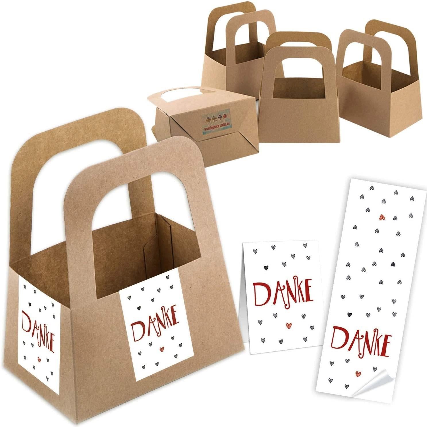 Logbuch-Verlag Geschenkbox 5 kleine Kraftpapier Körbe mit Boden & Henkel + 10 DANKE Aufkleber mit