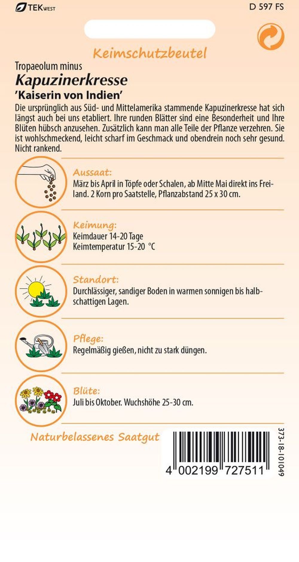 SAMEN PFANN Blumensamen Kapuzinerkresse, Kaiserin von Indien - Kapuzinerkresse-Samen, Tropaeolum minus – Bild 2 von 2