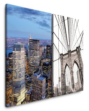 Sinus Art Leinwandbild 2 Bilder je 60x90cm Brooklyn Bridge New York USA Wolkenkratzer Architektur Großstadt Skyline