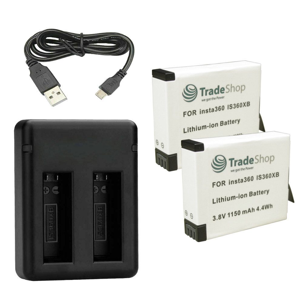 Trade-Shop 3in1 Set passend für insta360 PL903135VT-S01 PL903135VT Ladegerät + 2x Kamera-Akku Li-Ion 1150 mAh (3,8 V), Für 220V Steckdose und 12V/24V Kfz Zigarettenanzünder
