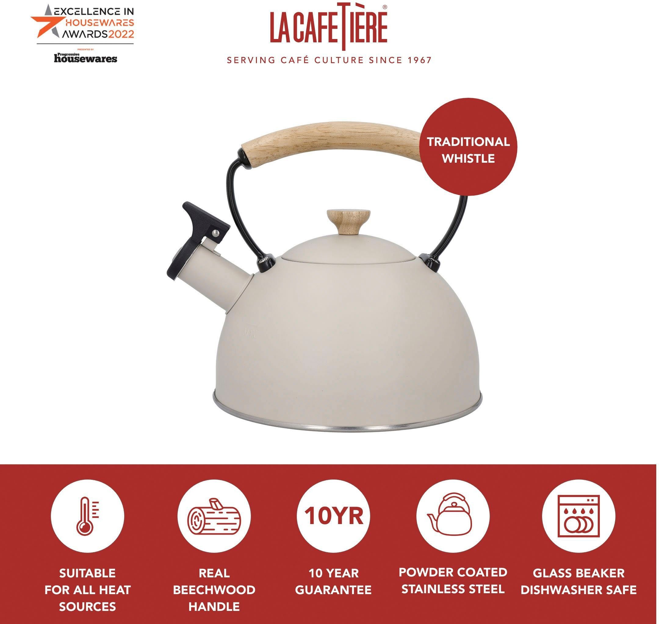 La Cafetière Wasserkessel La Cafetière, Liter, (1-tlg), Induktion 1,6 mit pfeifend, Holzgriff, cremefarbig