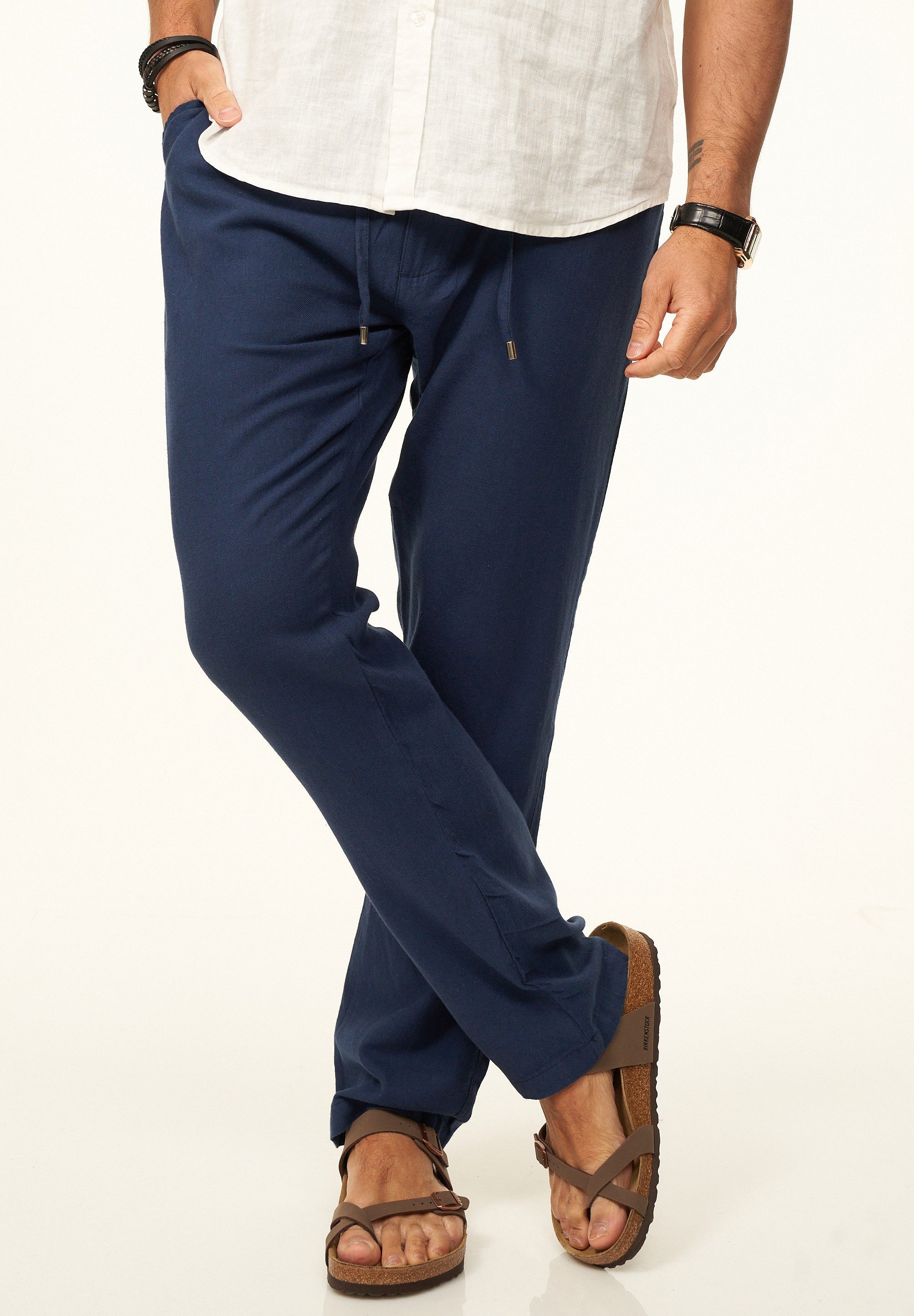 behype Leinenhose im Chinohosen Stil mit Gummibund & Kordel Herren luftige Stoffhose als Sommerhose - Freizeithose