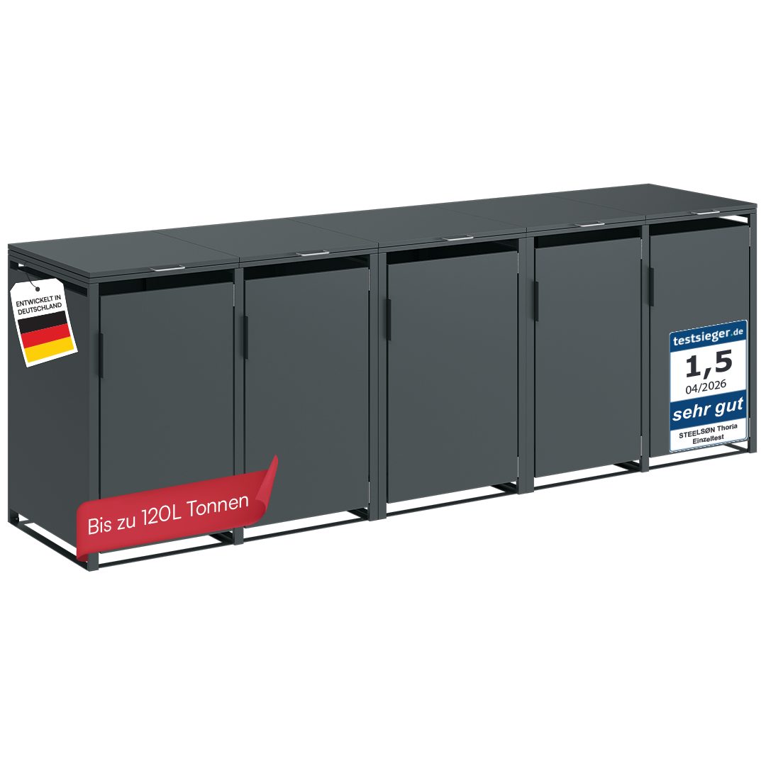 STEELSØN Mülltonnenbox Thoria 120 L aus verzinktem Stahl (Anthrazit, verfügbar mit 1, 2, 3, 4, oder 5 Türen), für 5 Mülltonnen, mit magnetischem Türgriff