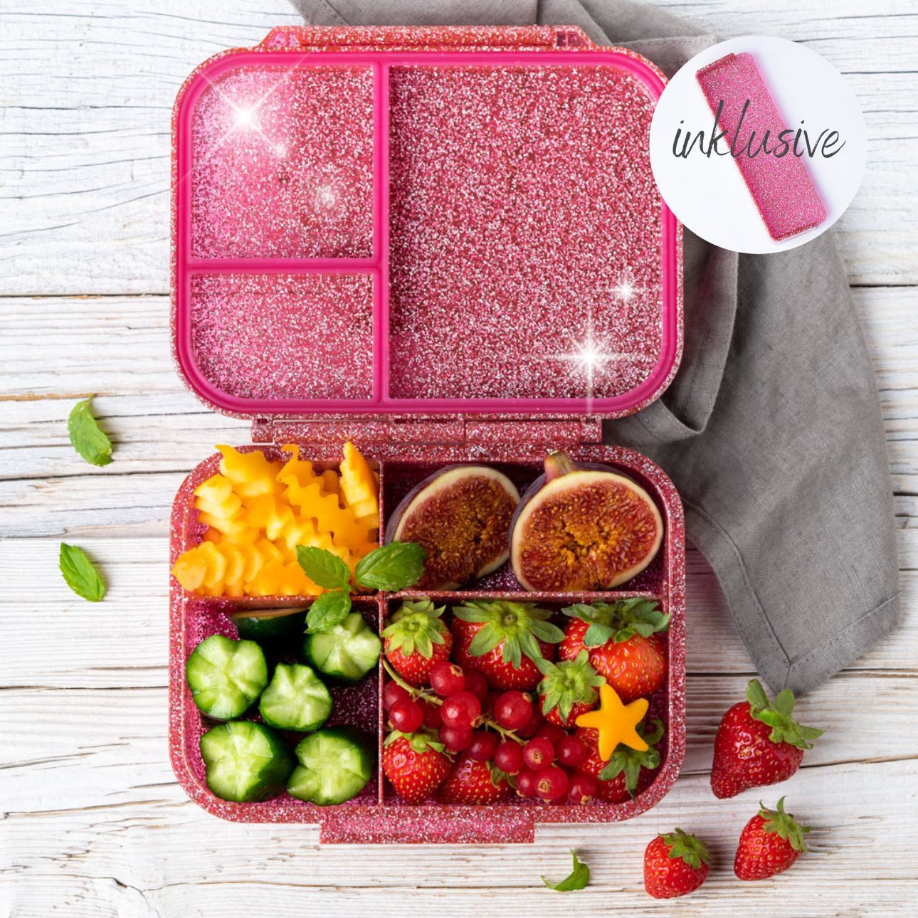 LEKKABOX Lunchbox Mini Glitzer Brotdose, 3 Fächer - Kinder Bento Box Vesperdose Brotbox, Für feuchte Lebensmittel auslaufsichere Bento Box, inkl. extra Trenner