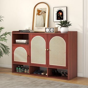 OKWISH Sideboard Aufbewahrungsschrank, 3 gewölbte Rattantüren, Eckschrank, Schuhschrank