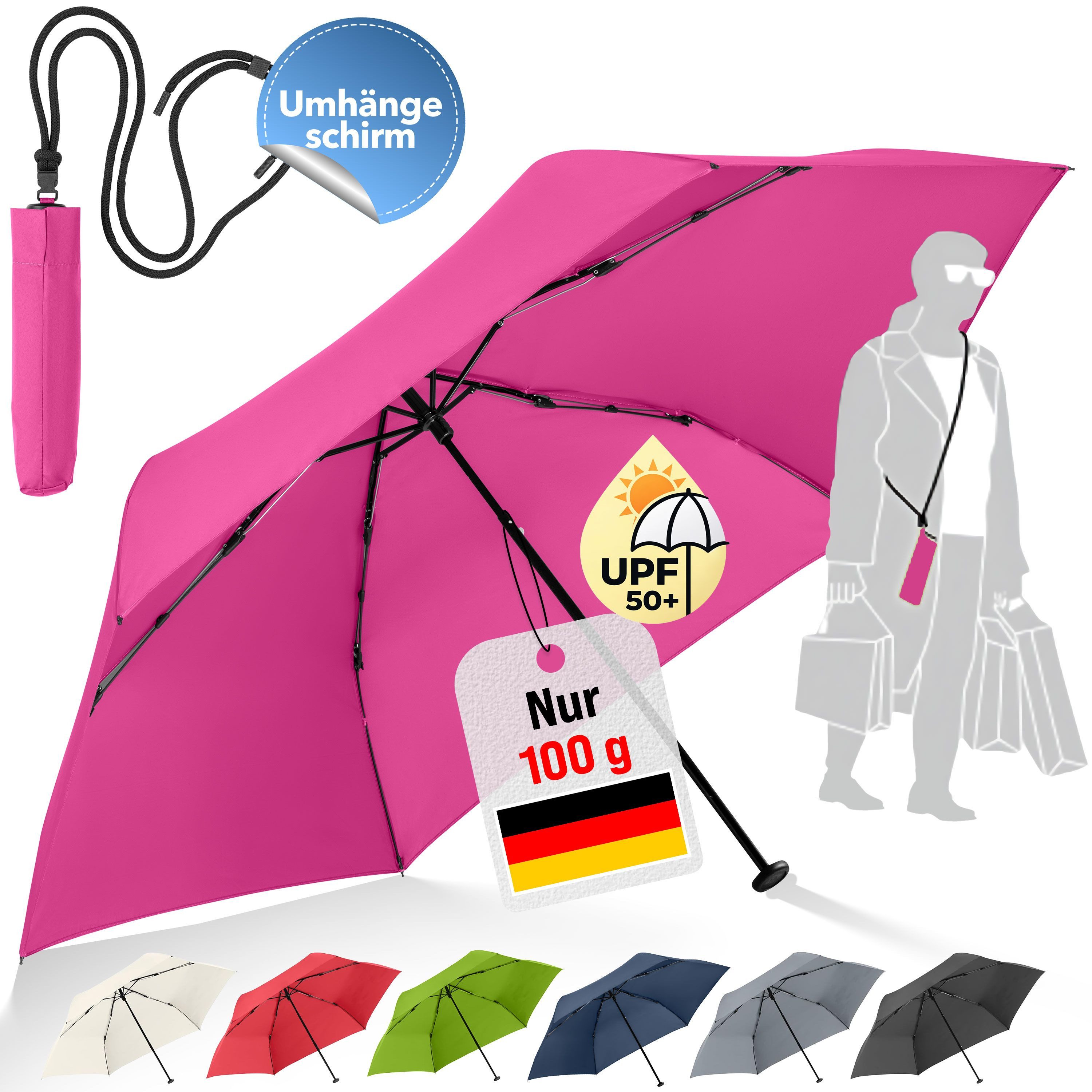 FARE Taschenregenschirm FiligRain ToGo, inkl. Umhängetasche, 100g leicht, UPF 50+, Windproof-PLUS, Sicherheitsschieber, Recyclingbezug, 88 cm