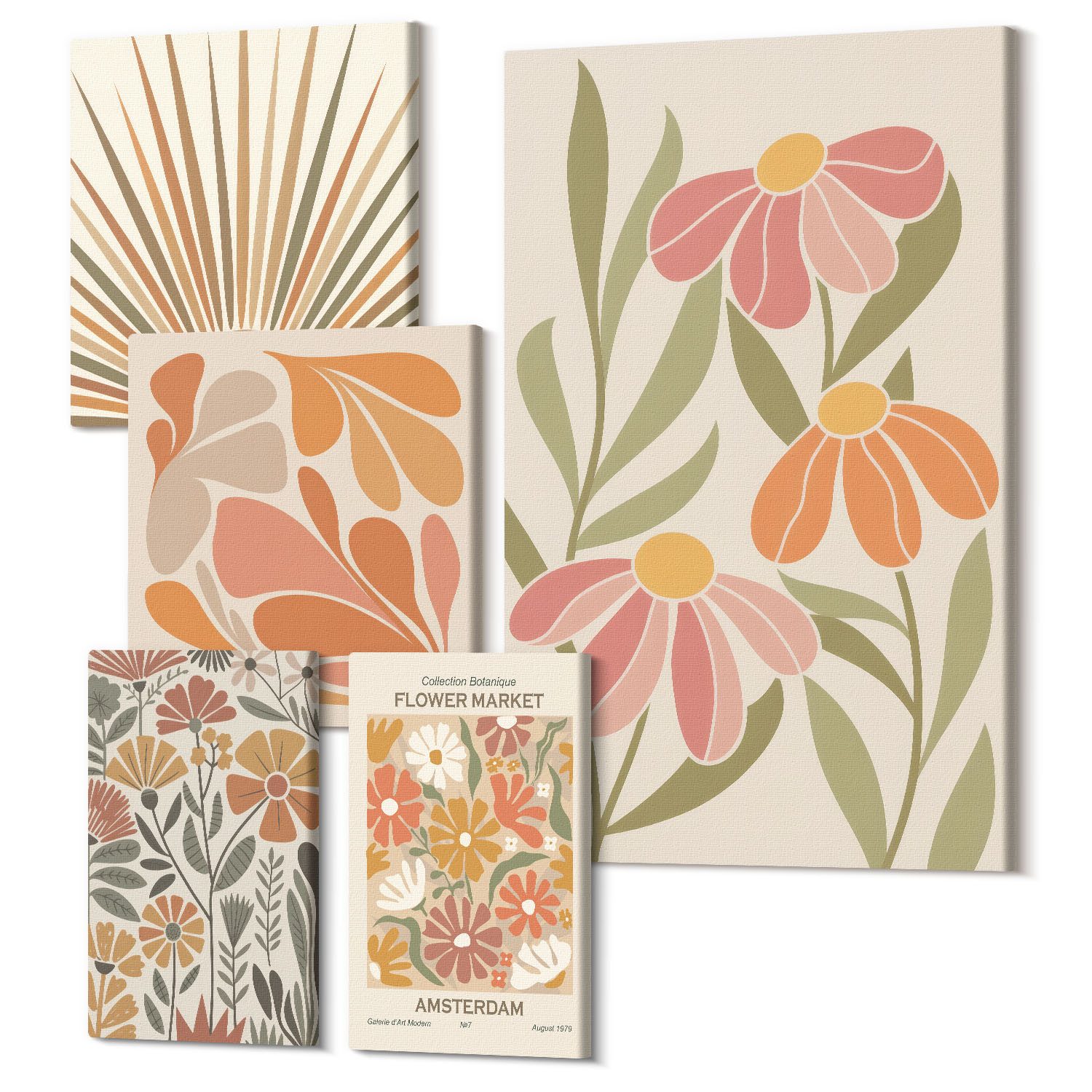 Tulup Mehrteilige Bilder Bilder-Collage 5 Canvas Set Wandbilder Orange, (5 St), Geometrische Blumen im Boho-Stil, Blumen Und Pflanzen Motiv