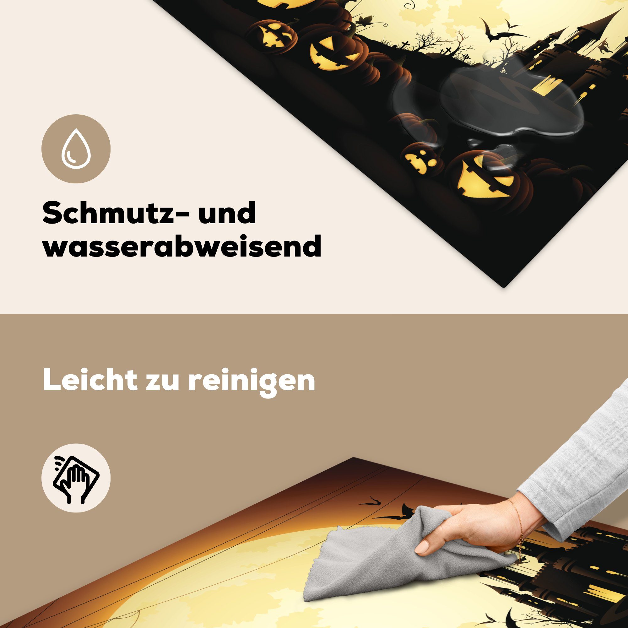 MuchoWow Herdblende-/Abdeckplatte Eine Illustration Ceranfeldabdeckung, cm, und Hexen Halloween, tlg), zu (1 küche Schlosses 78x78 eines Kürbissen für Vinyl, mit Arbeitsplatte