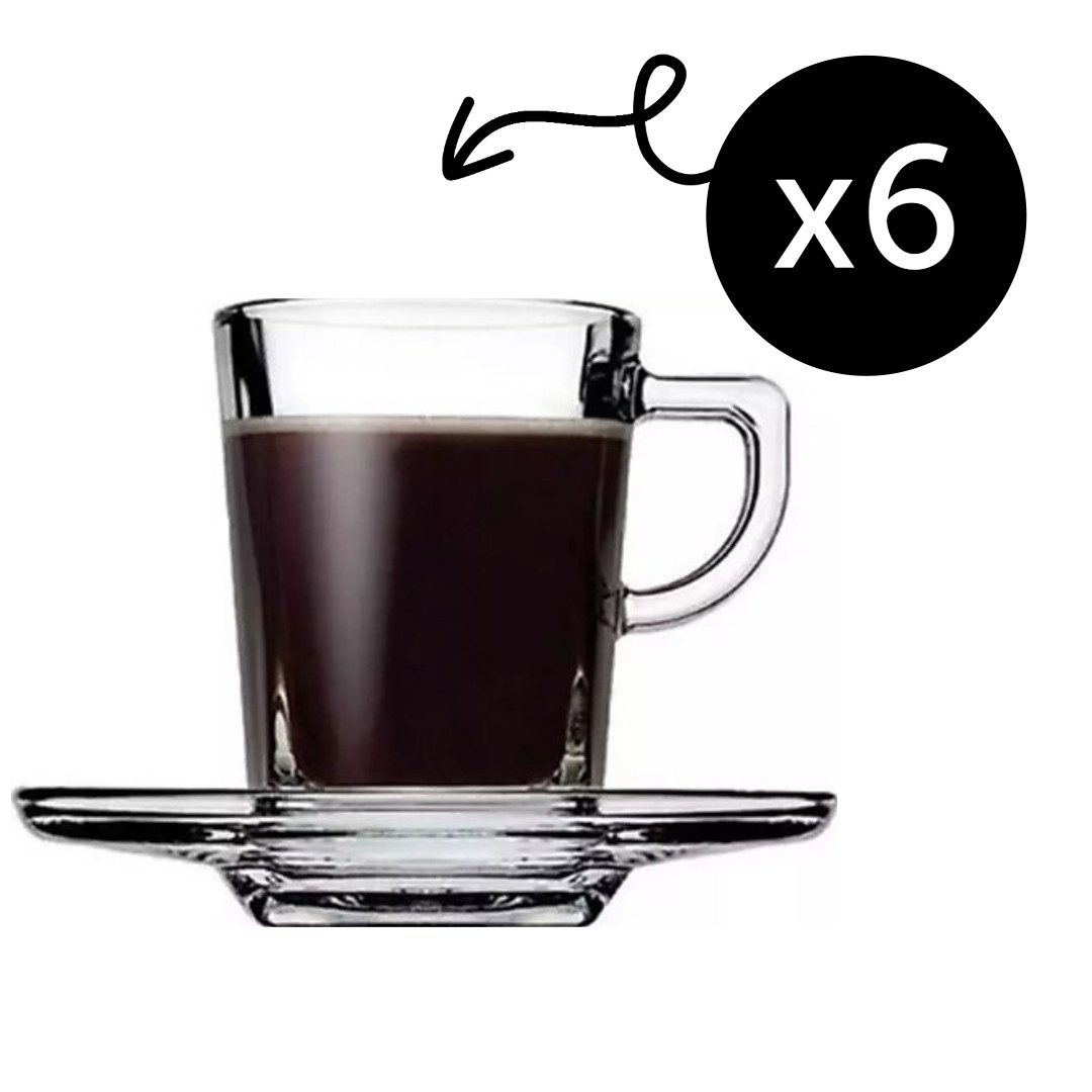 Pasabahce Стекло-Set Carre Tassen-Set mit Untertassen, Glas, 75ml, 6er Set, Ideal für Espresso, Mokka oder türkischen Kaffee