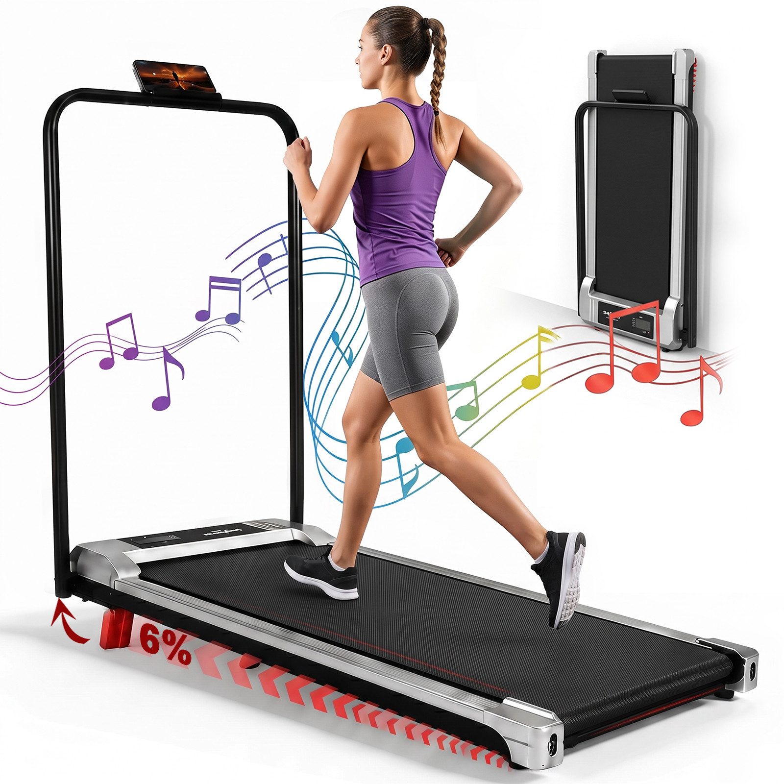 Nettlife Laufband klappbar Zuhause Leise Treadmill LED Anzeige Fembedienung Walking Pad (Mit Armlehnen), LED-Anzeige Geschwindigkeiten von 1–10 km/h 0,6 PS 447 W motor