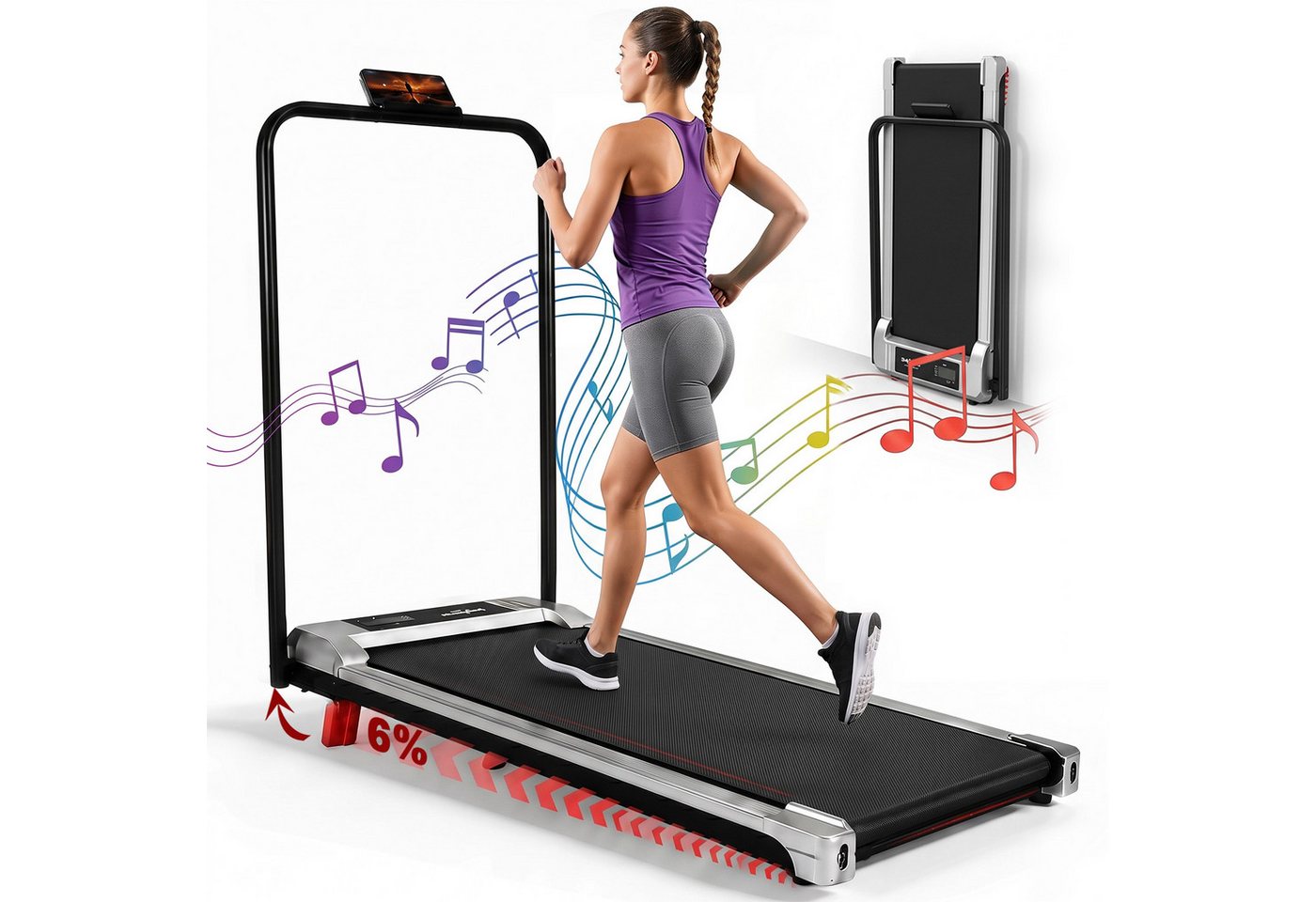 Nettlife Laufband klappbar Zuhause Leise Treadmill LED Anzeige Fembedienung Walking Pad (Mit Armlehnen), LED-Anzeige Geschwindigkeiten von 1–10 km/h 0,6 PS 447 W motor