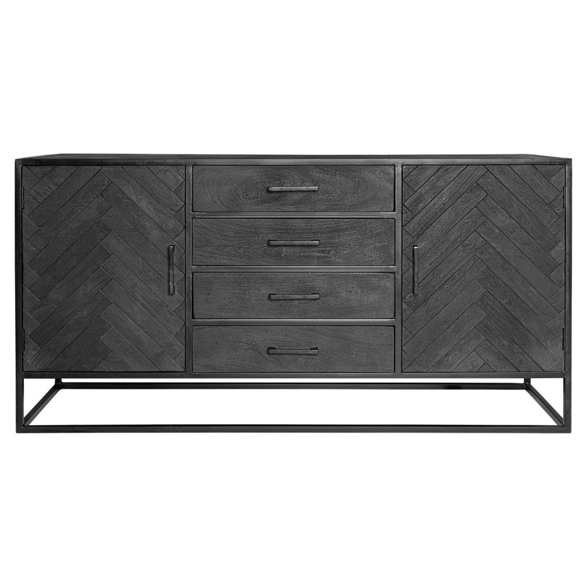 Villa Мебель Sideboard (165x45x85cm, 1 St., 1 Sideboard), Mangoholz mit Fischgrätmuster und Loungegestell