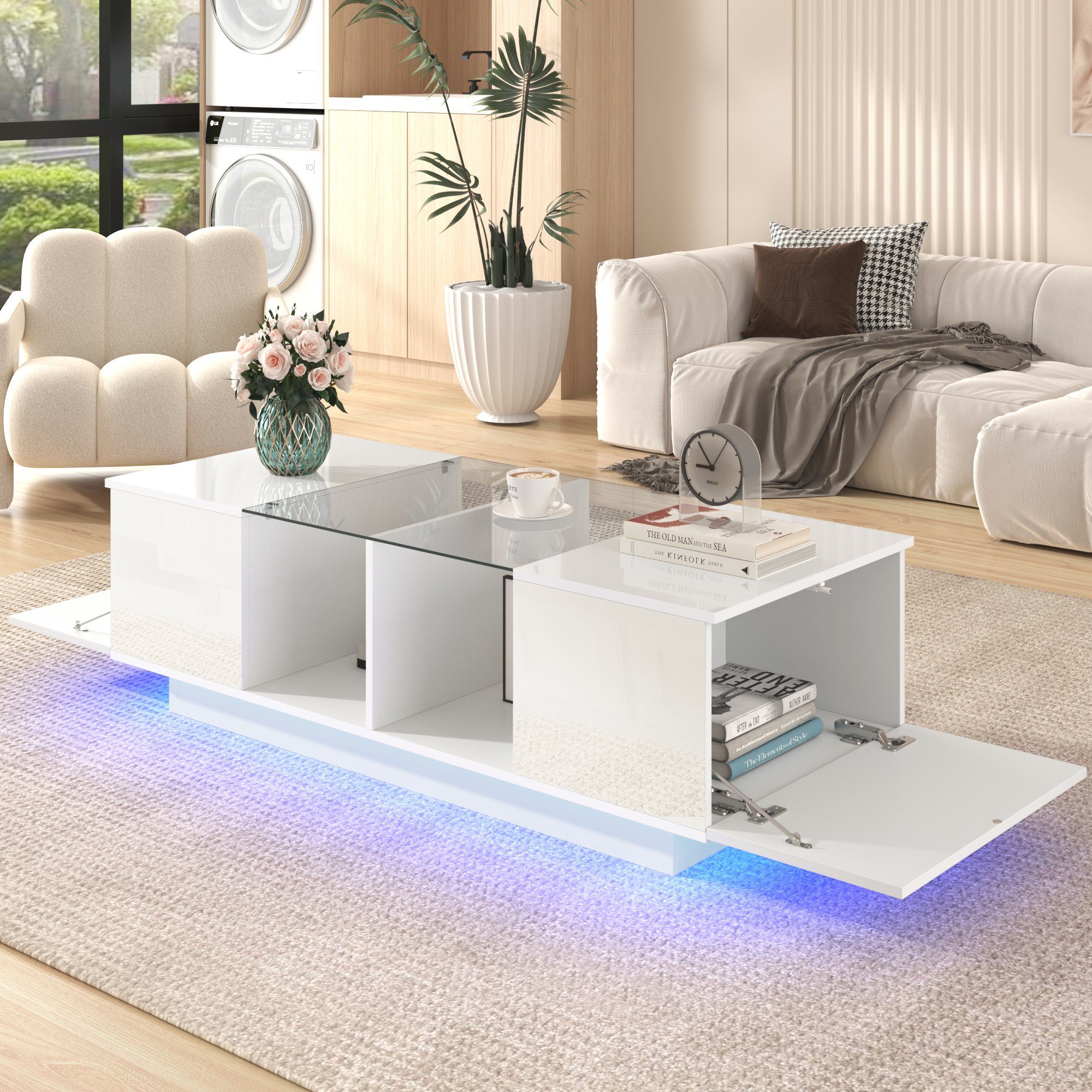 Merax Couchtisch mit Glastischplatte und Stauraum, günstig online kaufen