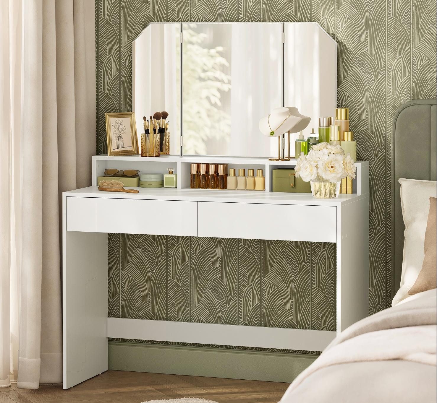 VASAGLE Schminktisch, mit Klappspiegel, 3 offenen Fächern, modern, weiß günstig online kaufen