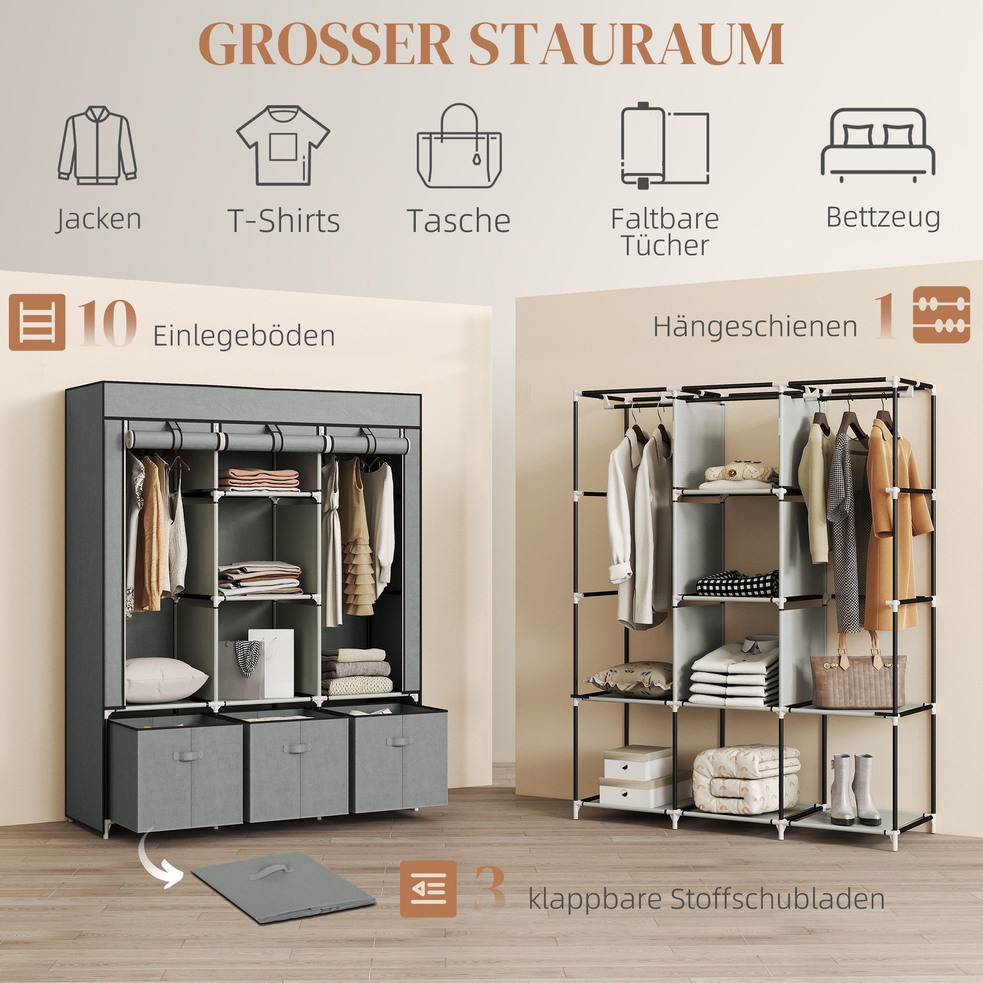 HOMCOM Stoffschrank Kleiderschrank mit Kleiderstange, Schubladen, Reißverschluss (Faltbare Garderobe, 1-St., Faltschrank) Hellgrau, 125 x 43 x 162,5 cm – Bild 4 von 5