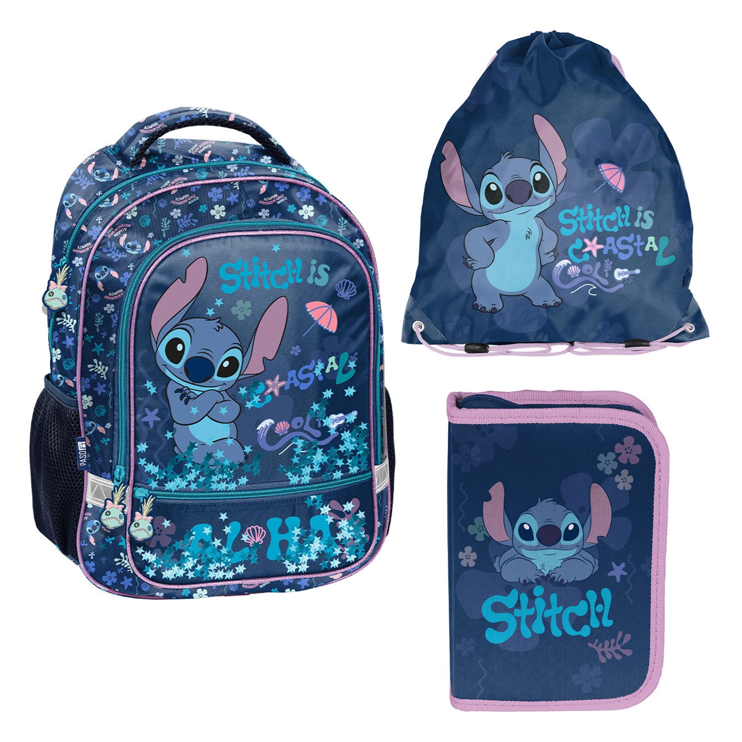 PASO Schulrucksack Stitch Schulset: Rucksack, Federmäppchen, Tasche (3-tlg), Zwei Fächer, Verstellbare Schultergurte, Reflektierende Elemente