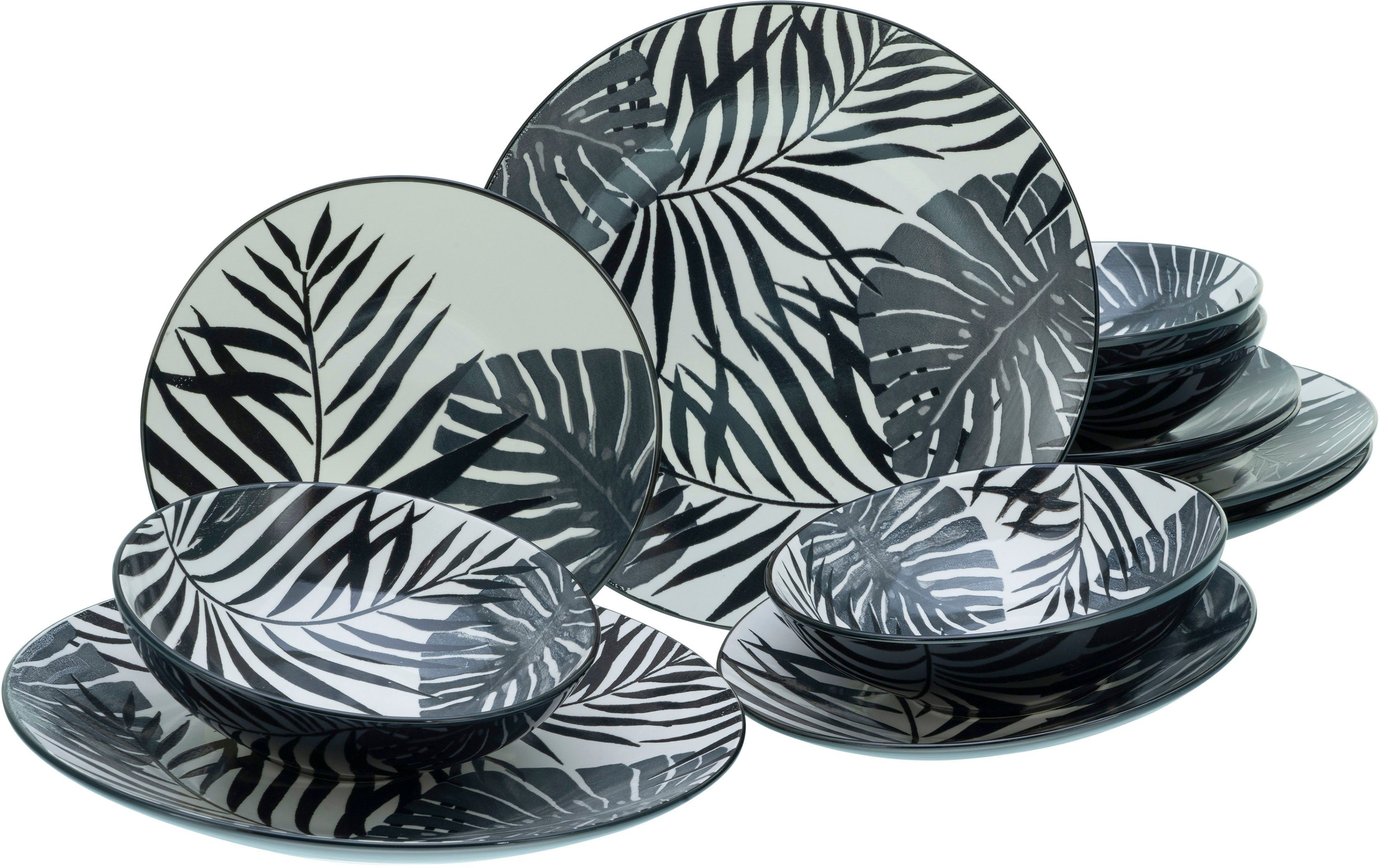 CreaTable Teller-Set Tropicana Black (12-tlg), 4 Personen, Steinzeug, vollflächiger tropischer Blätter Dekor in coolem Schwarz | Teller-Sets